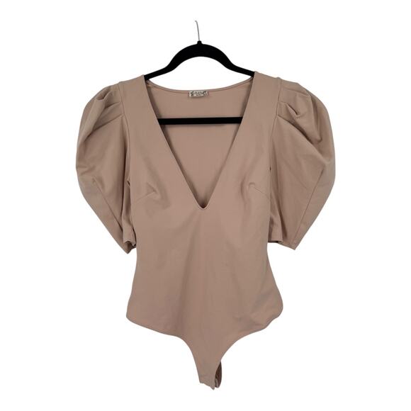 Free People bodysuit Va Va Voop knit deep v neck tan size X-Small XS - Picture 2 of 7